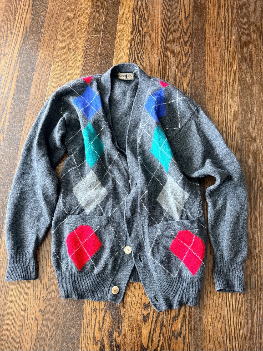 Vintage wool Gray Argyle Button-Up Cardigan with Colorful Diamond Accents large